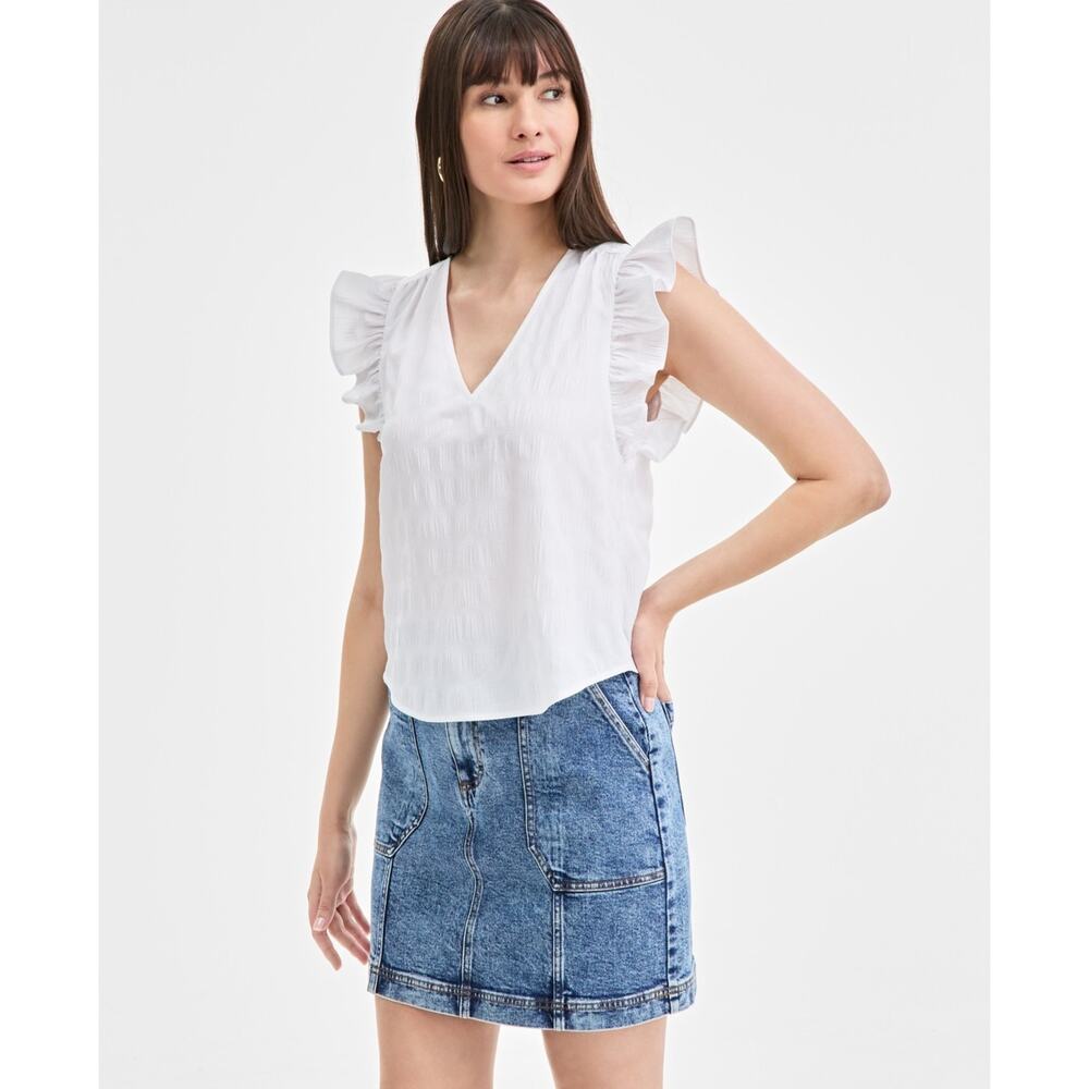 On 34th Women's Textured Sleeveless Ruffle Femme Top White Size S 2211